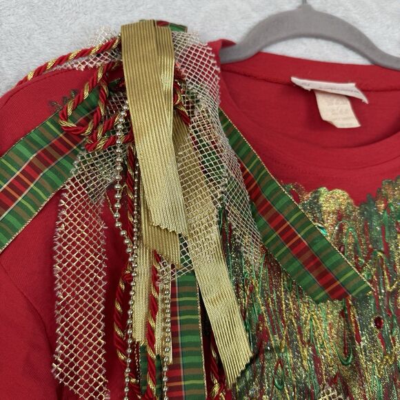 Vtg Puffy Paint Christmas Tree Shirt O/S L? 3D Bow Bead Sequin Funky Artsy 80s - Picture 8 of 14